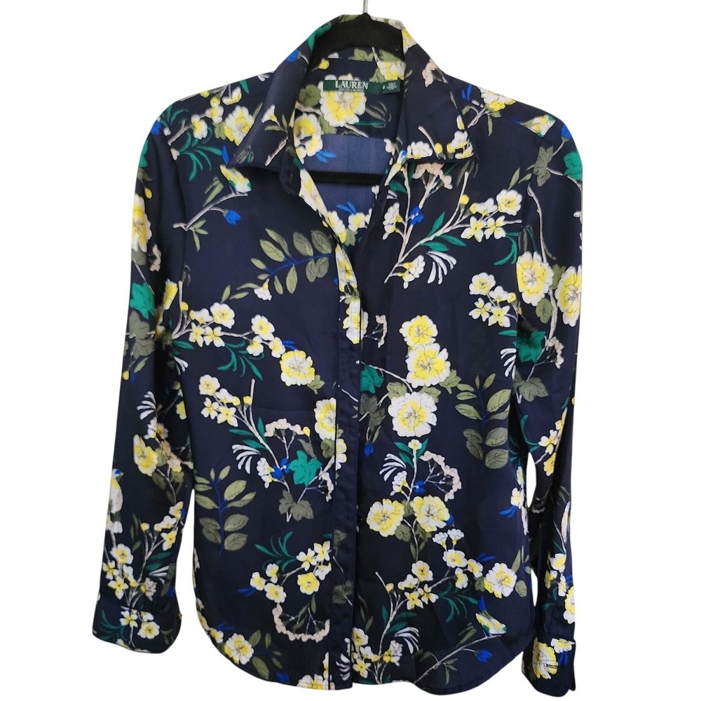 Lauren Ralph Lauren Navy Floral Button Down Shirt Blouse Gold Quiet Luxury M